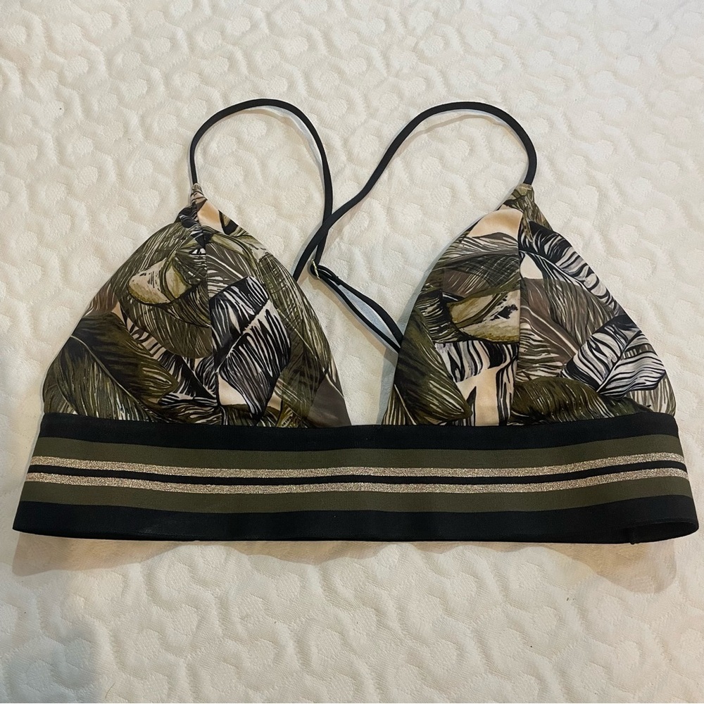 H&M Bikini Swim Top Women’s Size 8 Palm Green Leaf Print Band Cross-back Summer